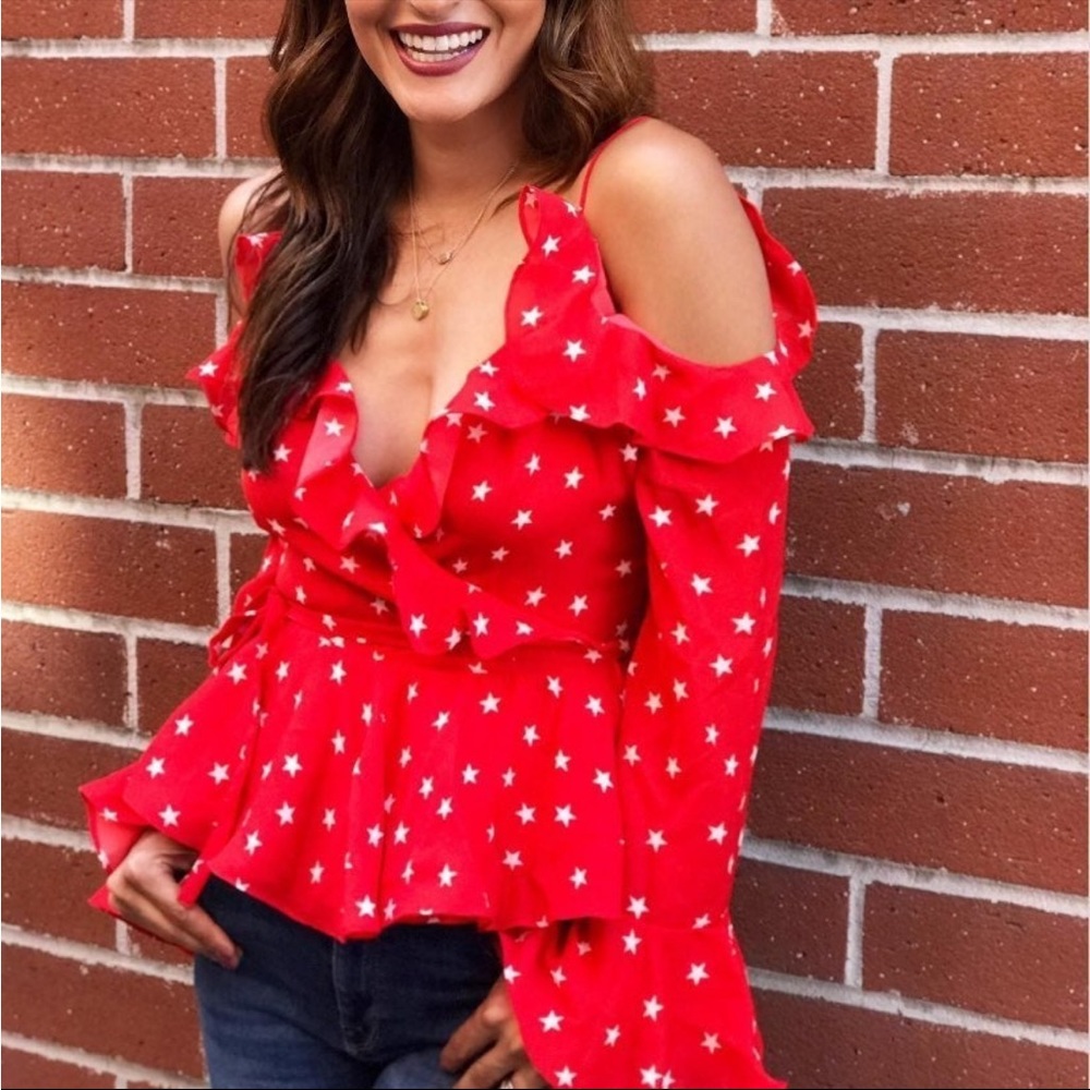 ASOS Ruffled Long Sleeve Blouse Red Star Pattern